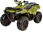 Green and black toy ATV on a white background
